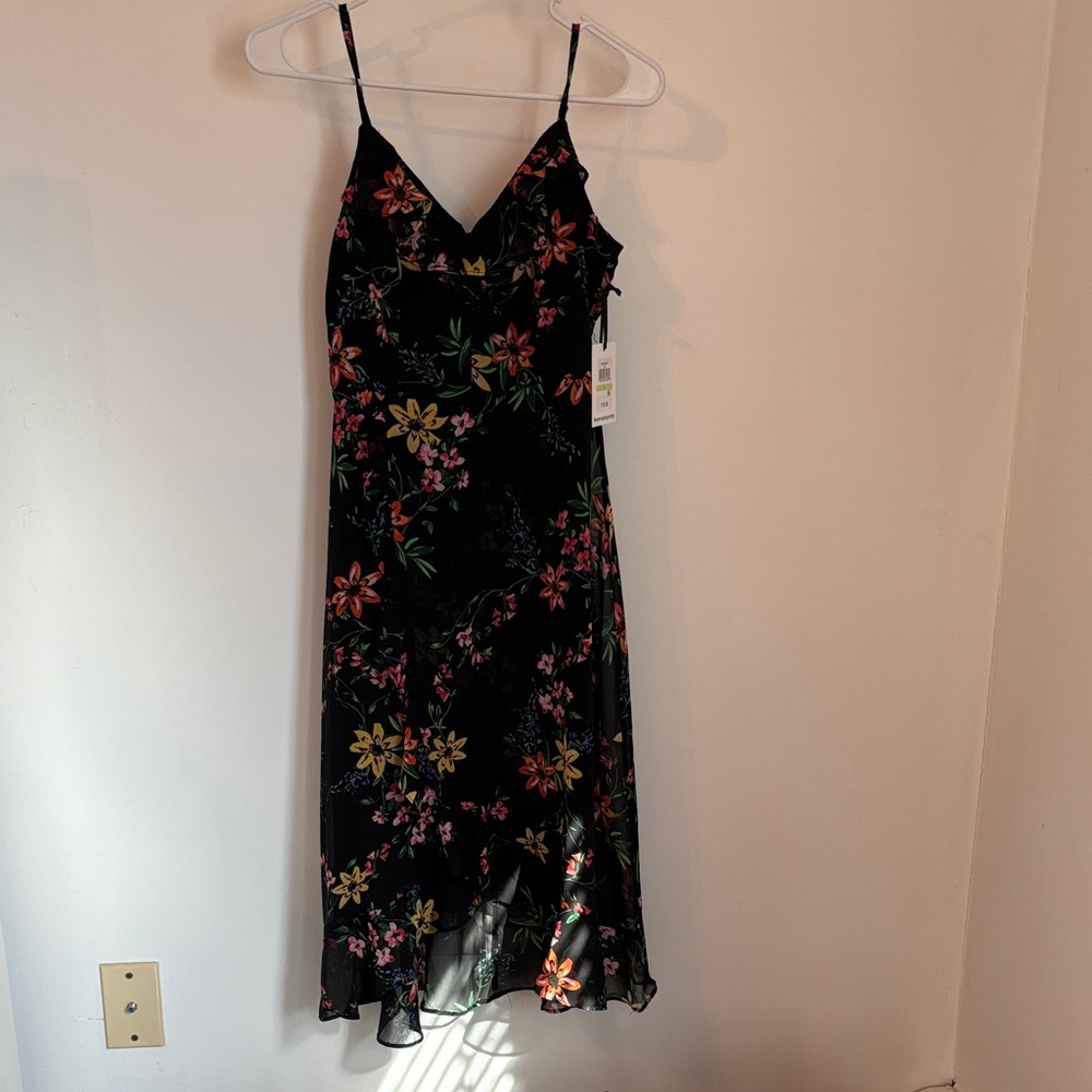 Kensie Black Floral Midi Slip Dress with Pink & Yellow Blooms